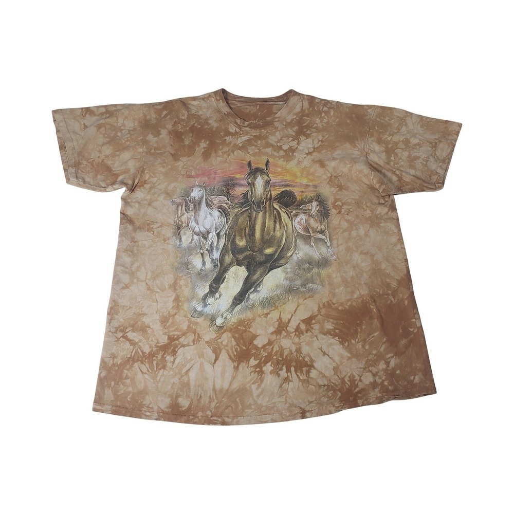 Vintage 90s Y2K Horse T Shirt XL Brown Tie Dye Wild Horses Western Graphic